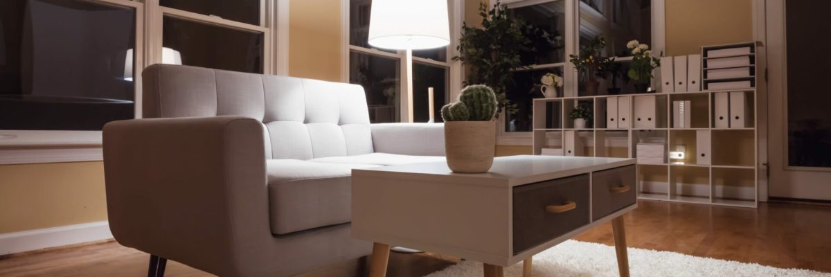 Large luxury interior living room Large luxury interior home with gray midcentury loveseat